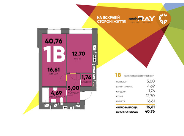 ЖК Сontinent RAY: планировка 1-комнатной квартиры 40.76 м²