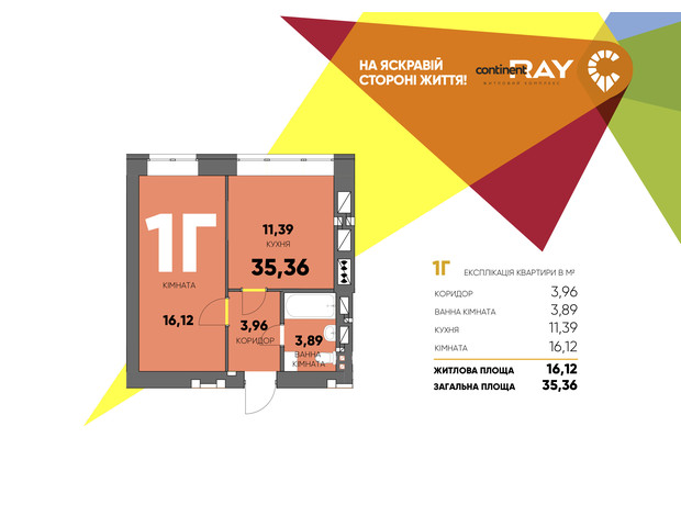 ЖК Сontinent RAY: планування 1-кімнатної квартири 35.36 м²