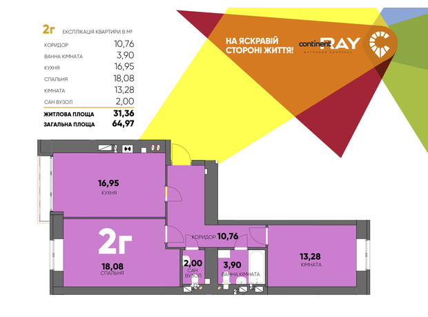 ЖК Сontinent RAY: планування 2-кімнатної квартири 64.97 м²