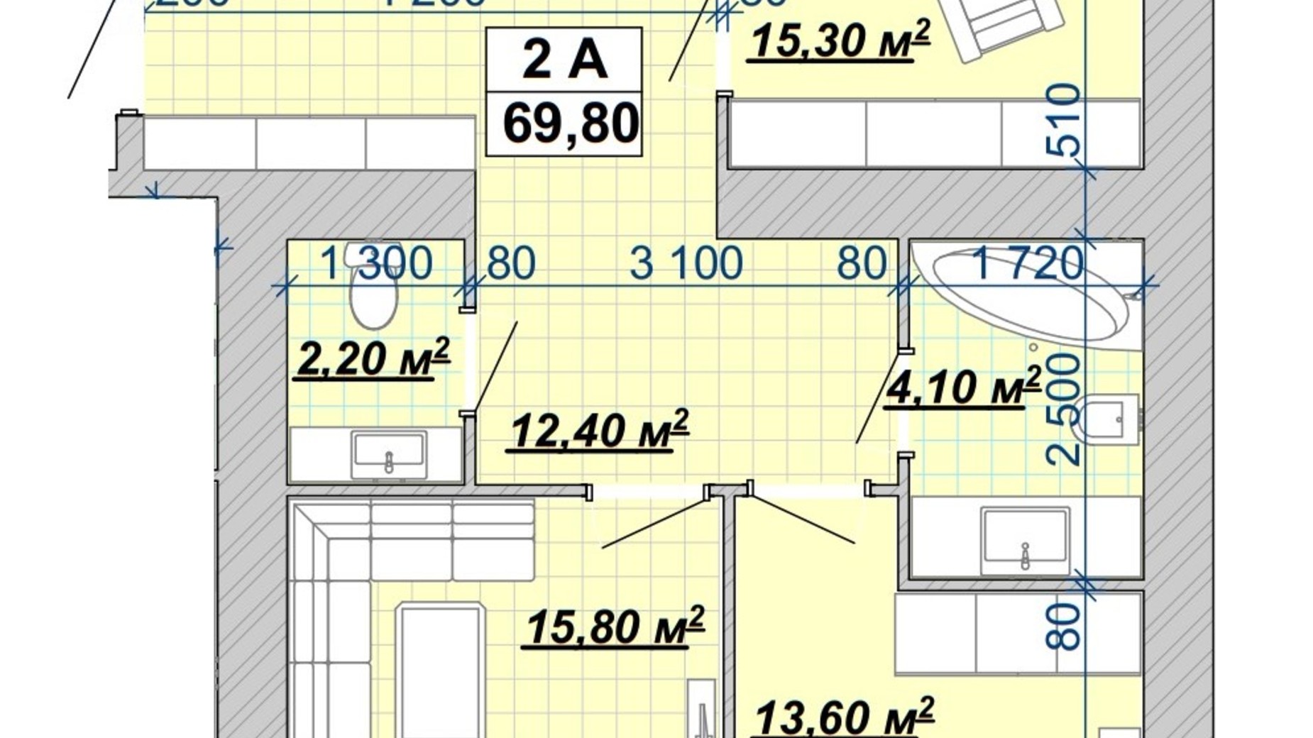 Планировка 2-комнатной квартиры в Жилой район Княгинин 69.8 м², фото 746671