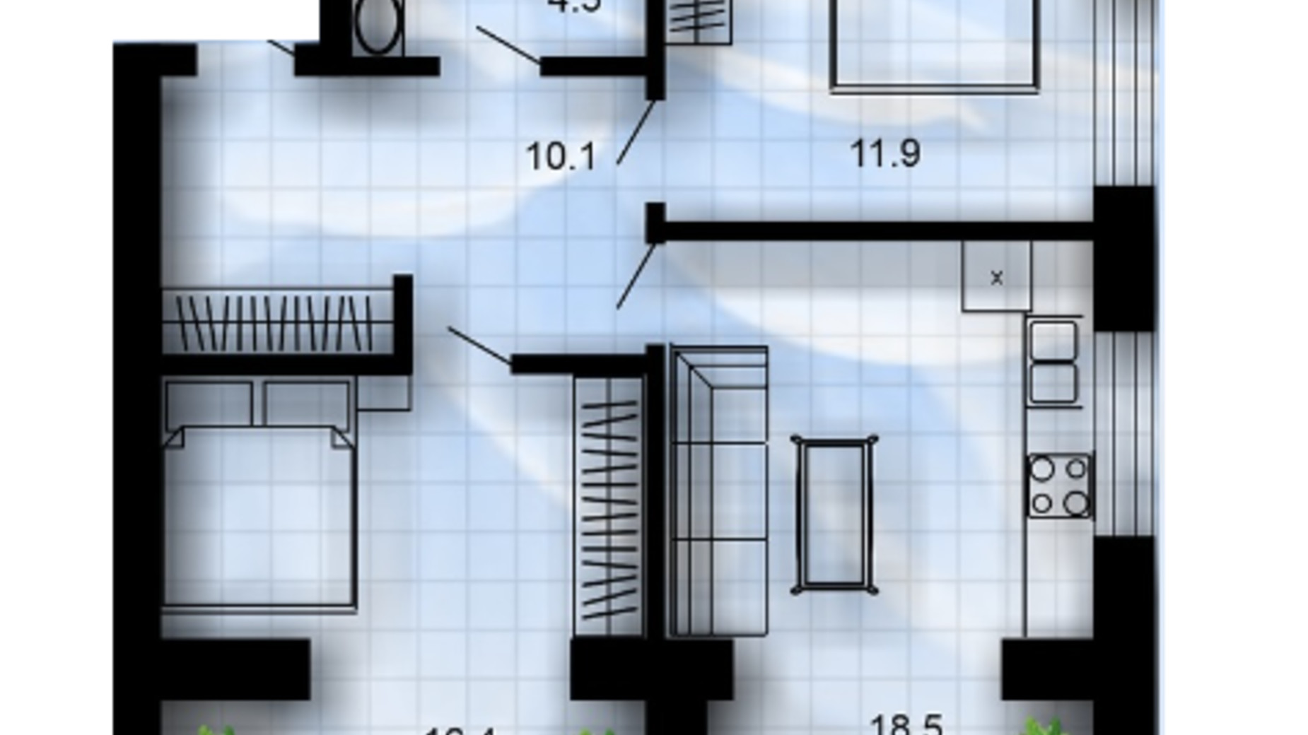 Планировка 2-комнатной квартиры в ЖК Уютный 61.4 м², фото 746690