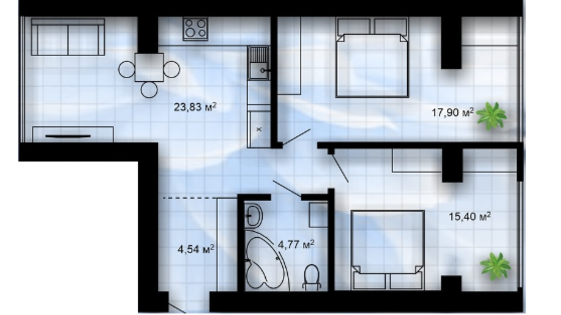 Планировка 2-комнатной квартиры в ЖК Уютный 64.6 м², фото 746691