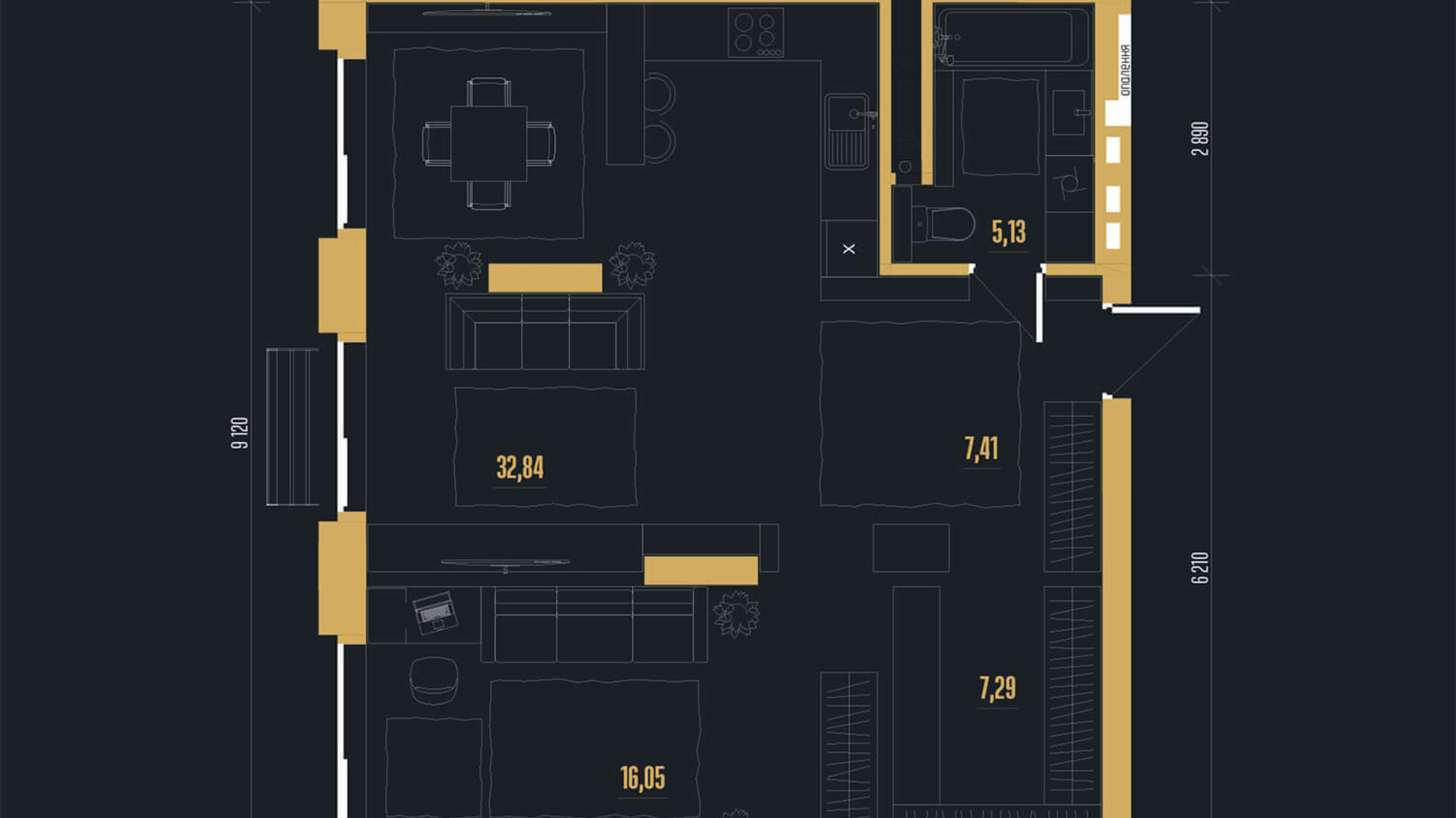 Планування 2-кімнатної квартири в ЖК Skywalker 68.72 м², фото 748975