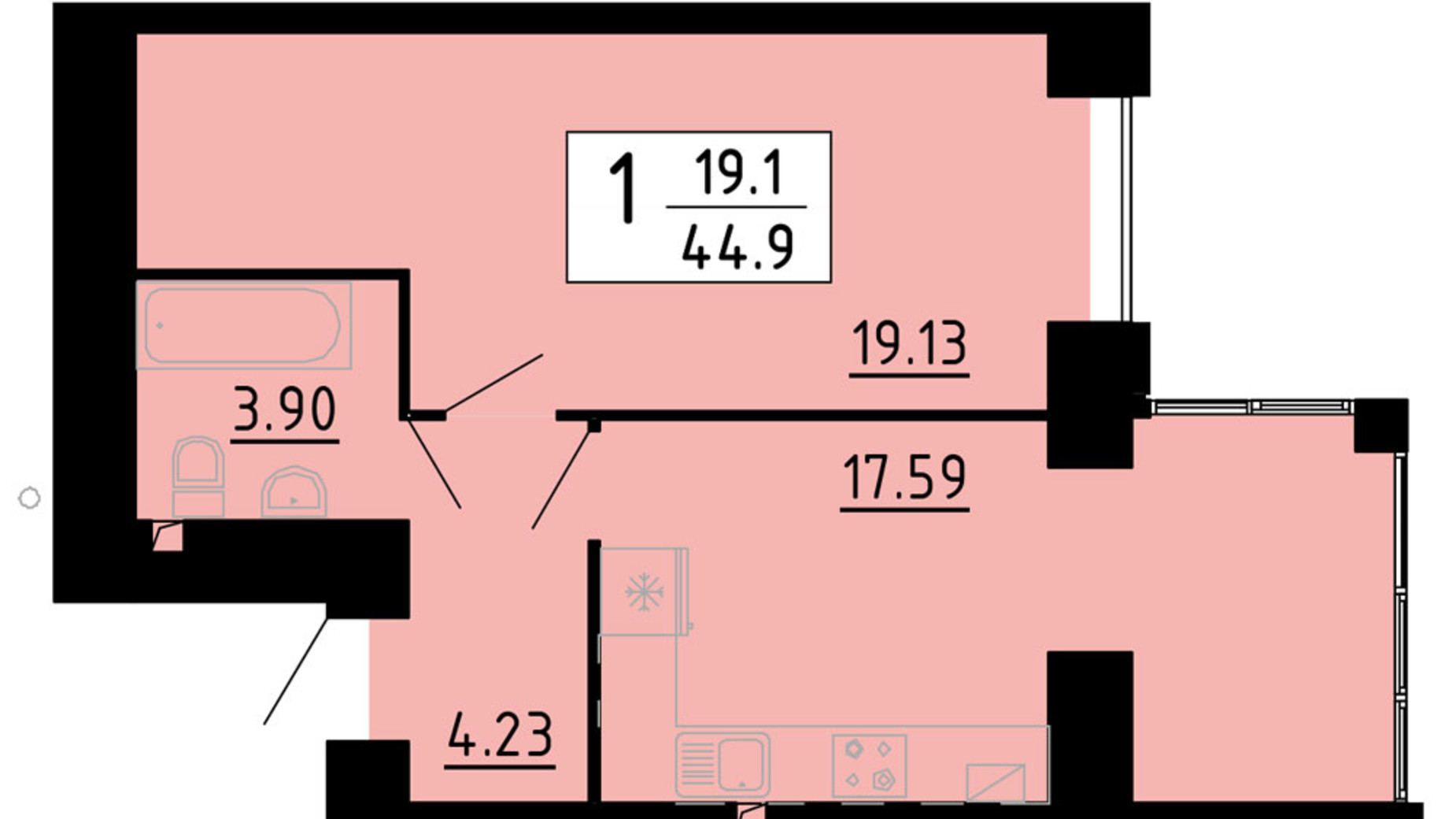 Планировка 1-комнатной квартиры в ЖК Кольоровий 44.9 м², фото 749859