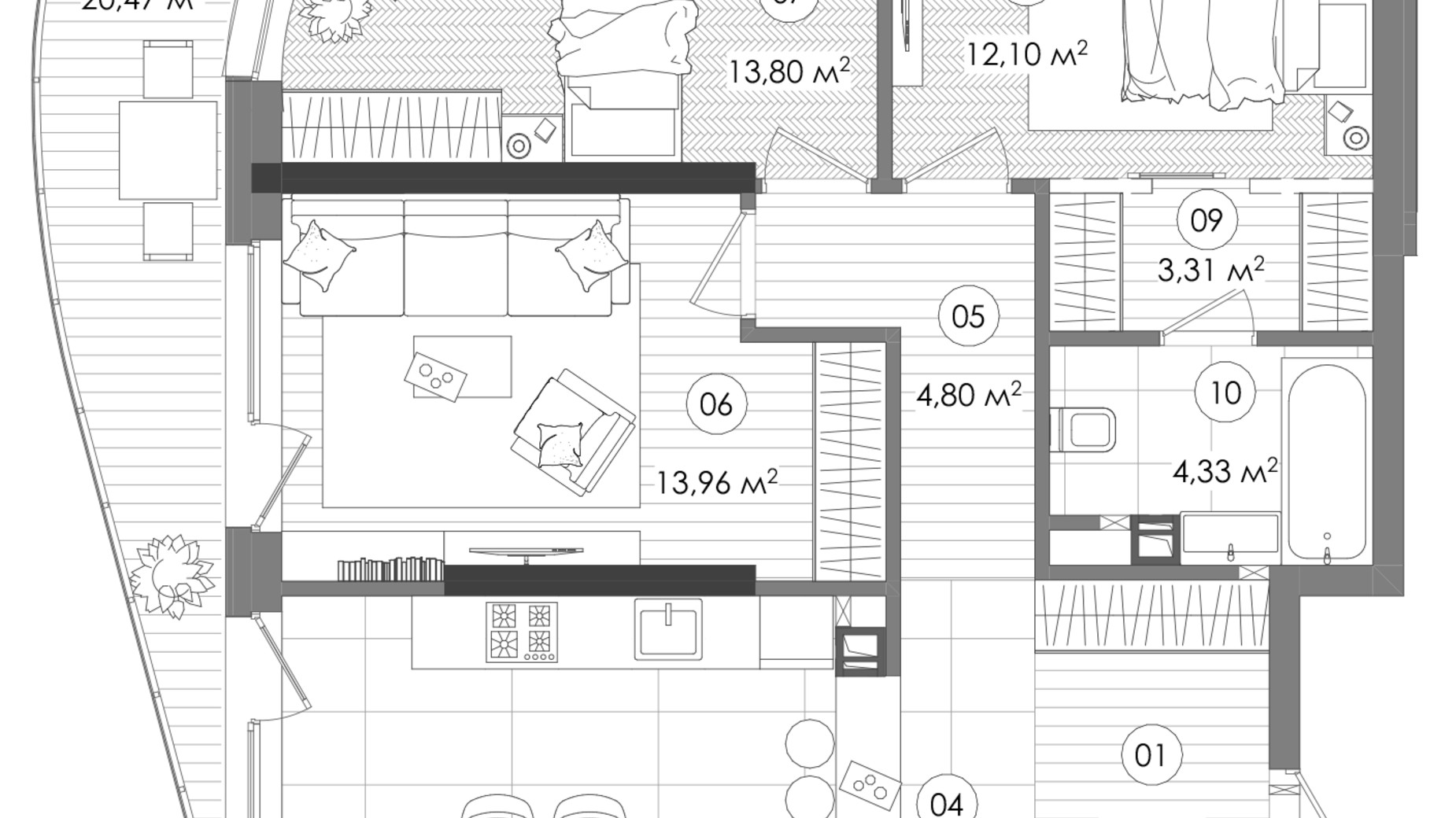 Планировка 3-комнатной квартиры в ЖК Creator City 90.59 м², фото 750998