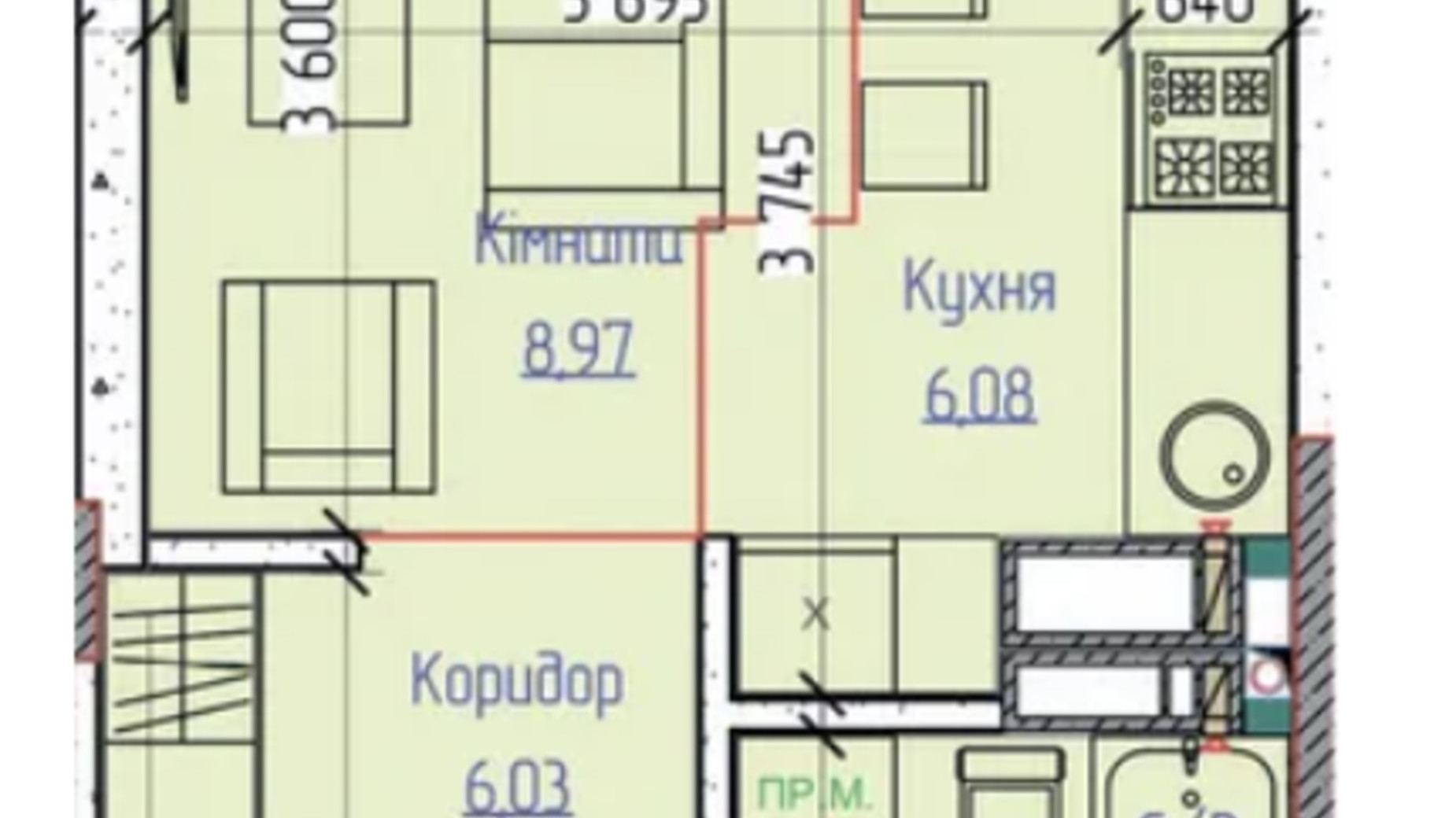 Планировка 1-комнатной квартиры в ЖК Dobre Misto 25.24 м², фото 751018