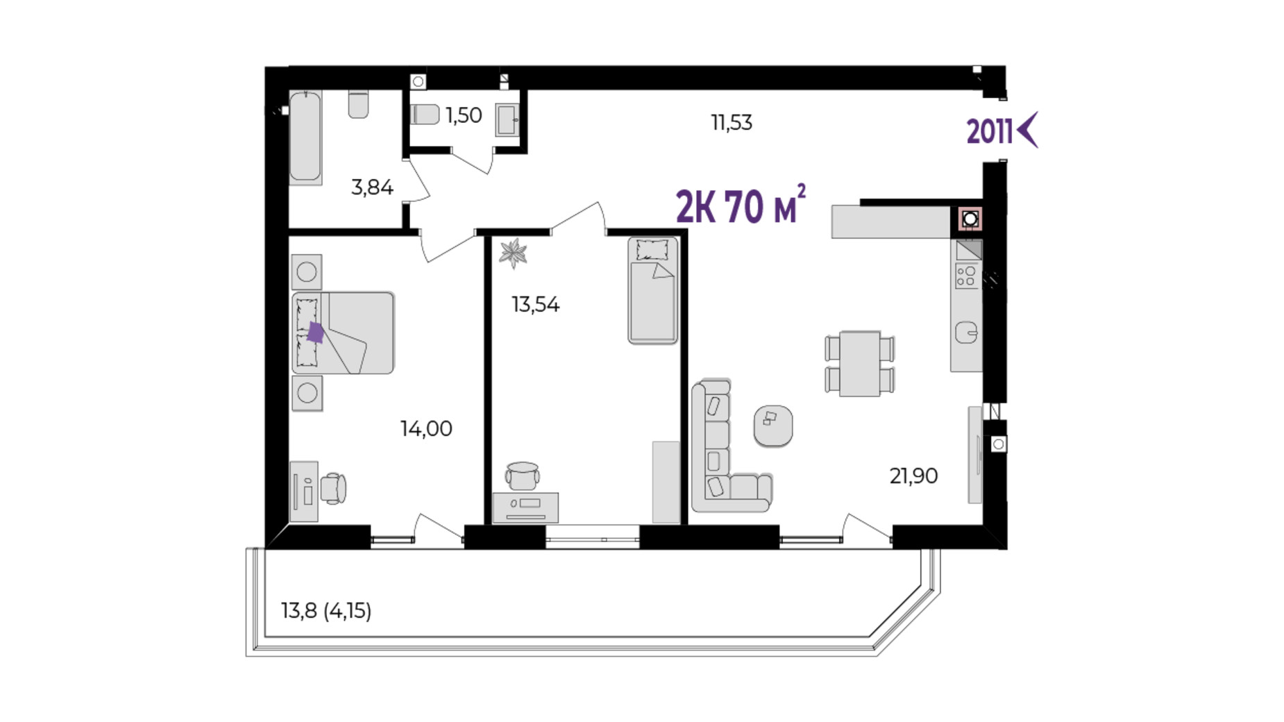 Планування 2-кімнатної квартири в ЖК Долішній 74 м², фото 751379