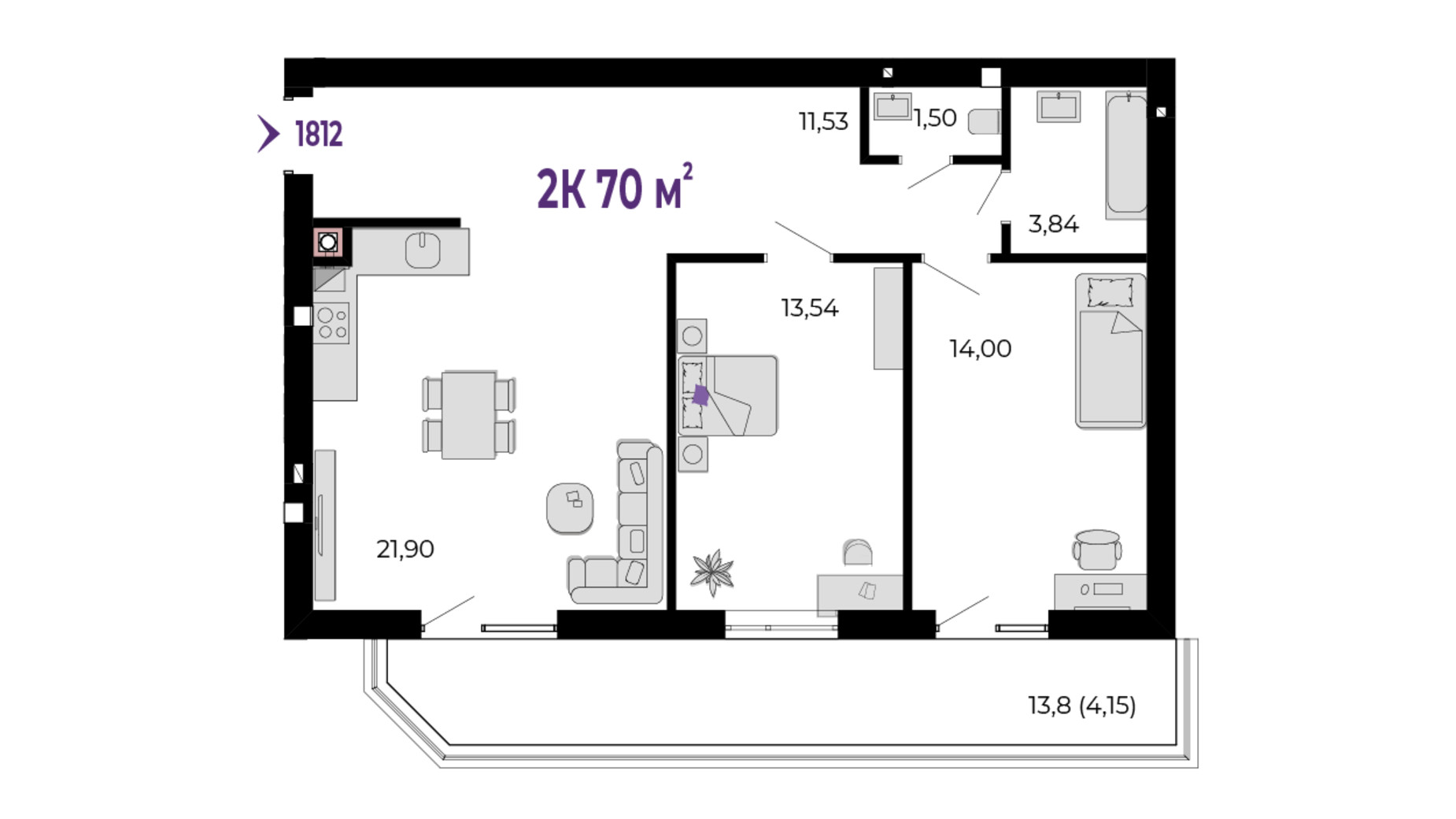 Планування 2-кімнатної квартири в ЖК Долішній 74 м², фото 751382