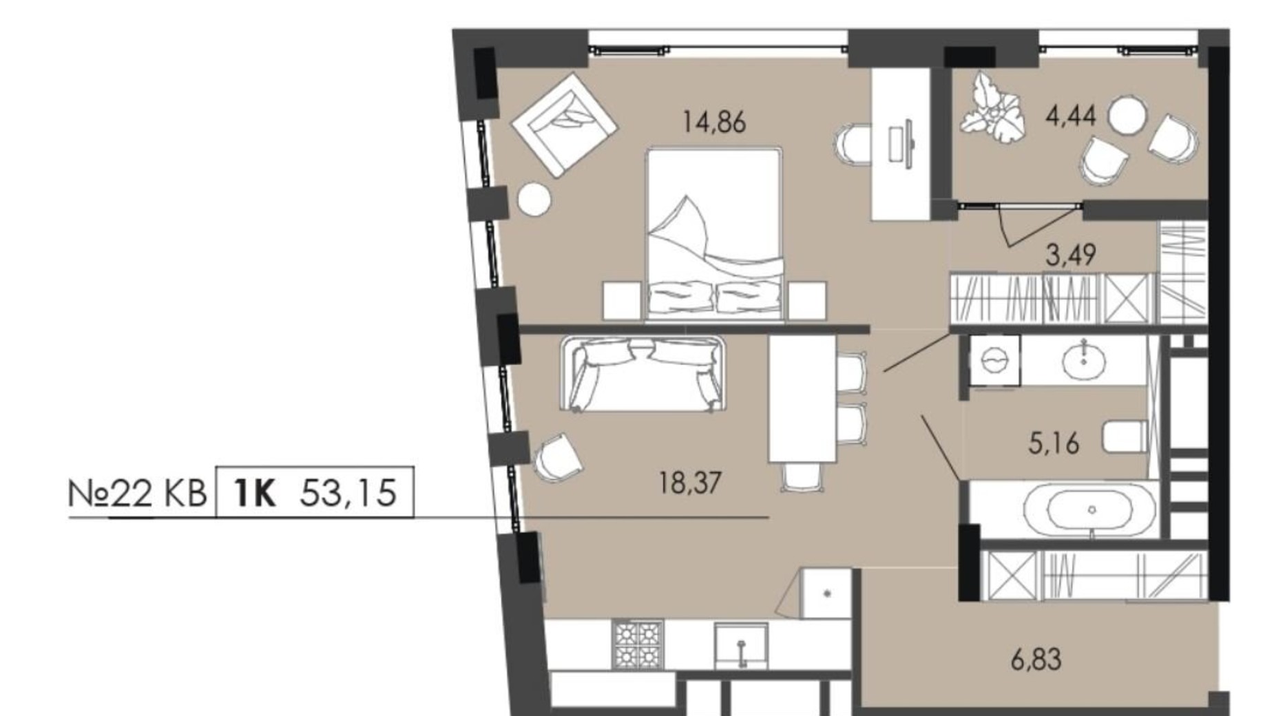 Планировка 1-комнатной квартиры в ЖК Globus Balance 53.15 м², фото 752743