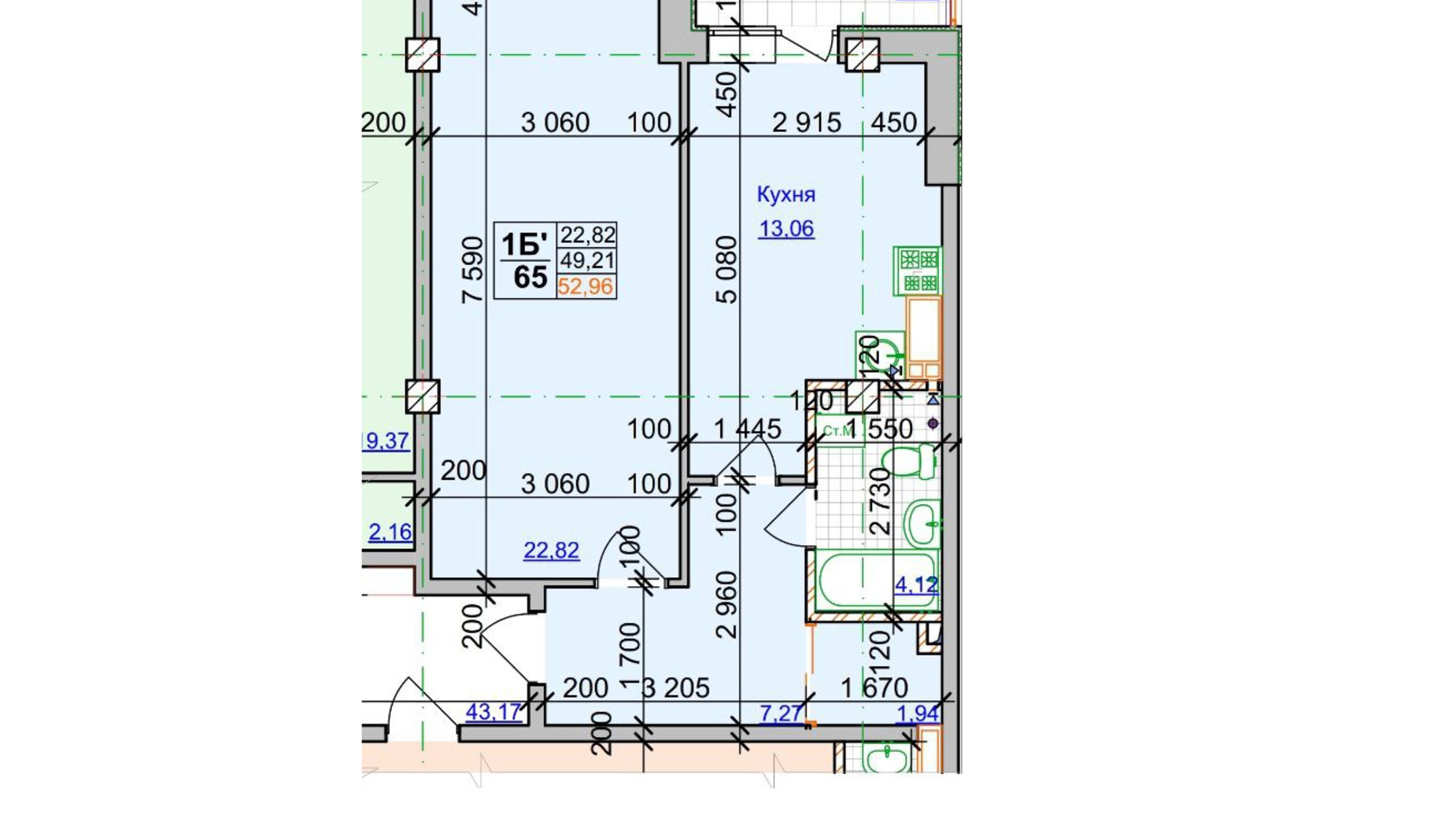 Планировка 1-комнатной квартиры в ЖК Спортивный 52.96 м², фото 753084