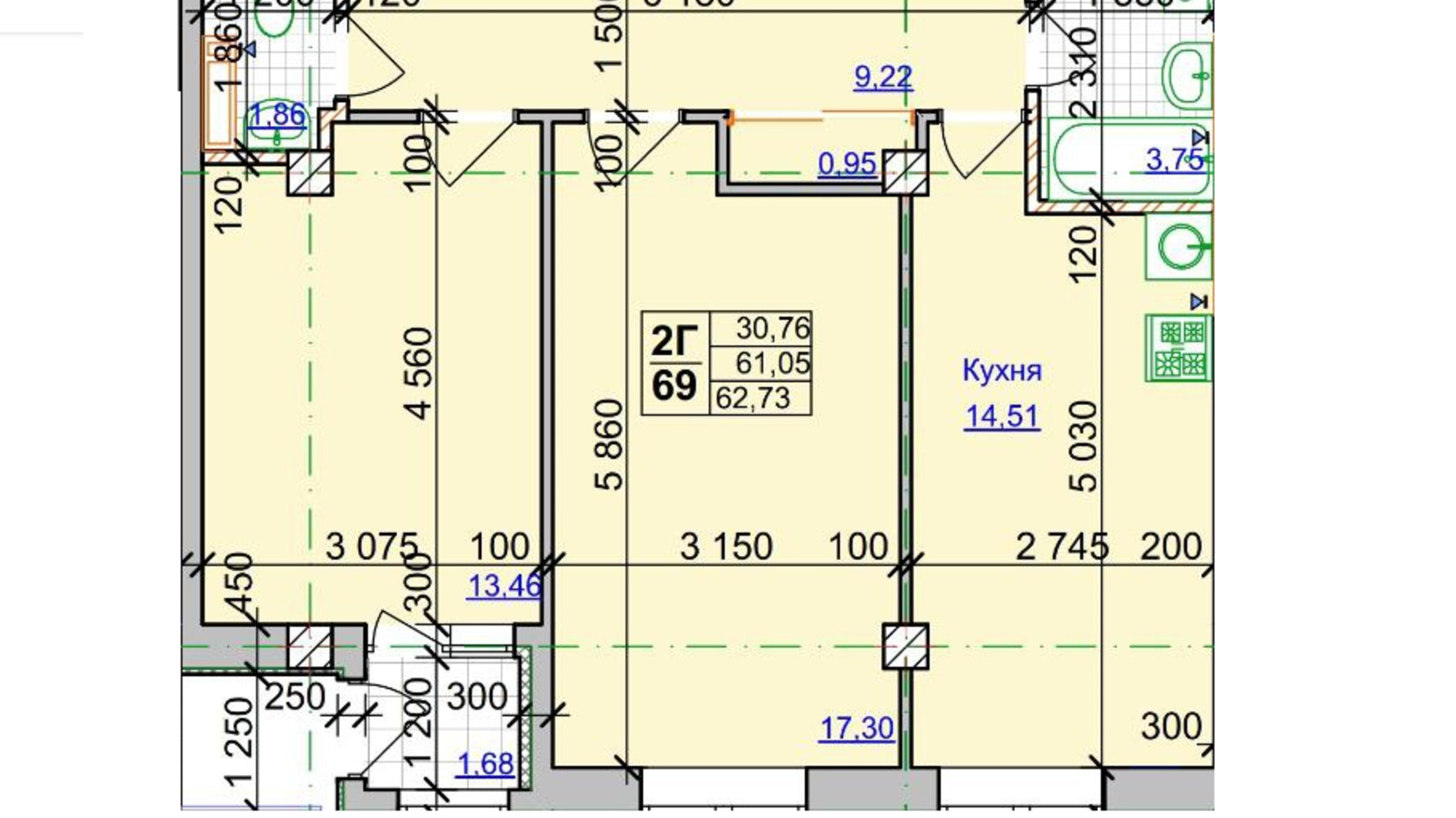 Планировка 2-комнатной квартиры в ЖК Спортивный 62.7 м², фото 753085