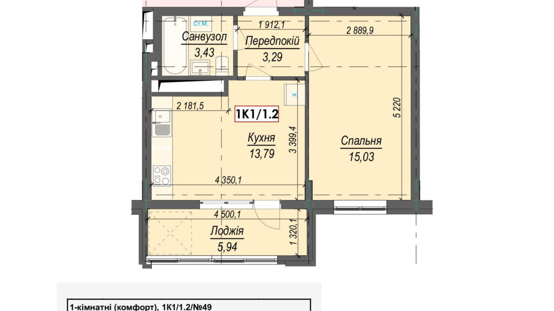 Планування 1-кімнатної квартири в ЖК Центр 42.34 м², фото 756281