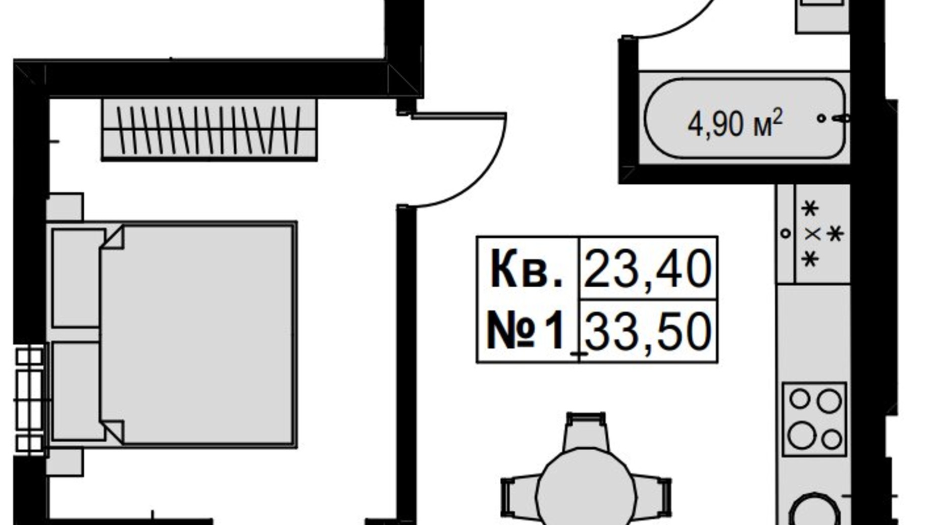 Планування 1-кімнатної квартири в ЖК Green Park 33.5 м², фото 757772