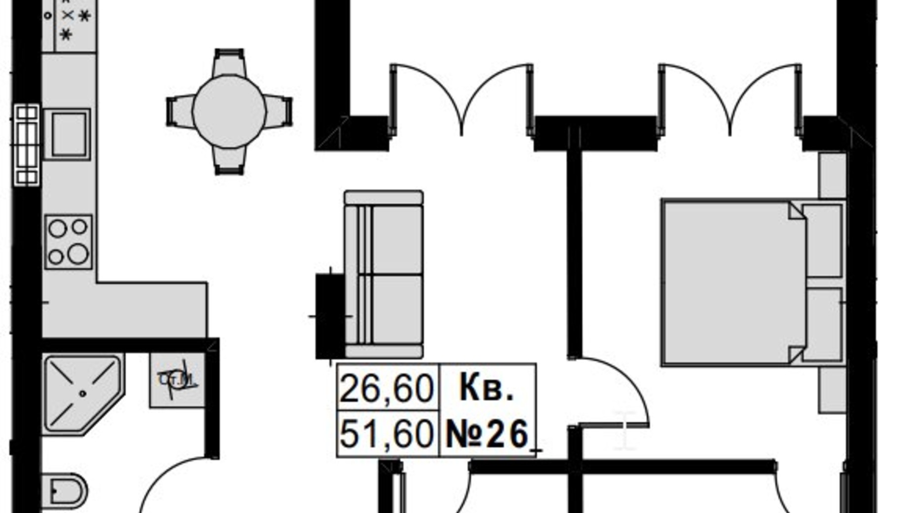 Планування 2-кімнатної квартири в ЖК Green Park 51.6 м², фото 757778