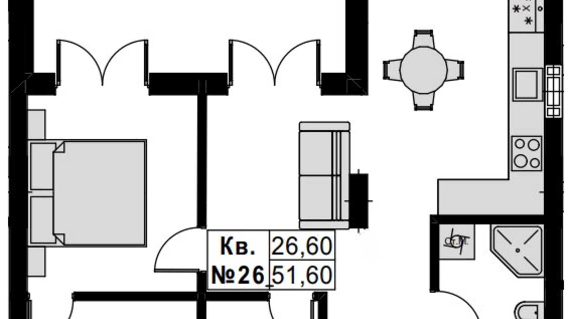 Планировка 2-комнатной квартиры в ЖК Green Park 51.6 м², фото 757780