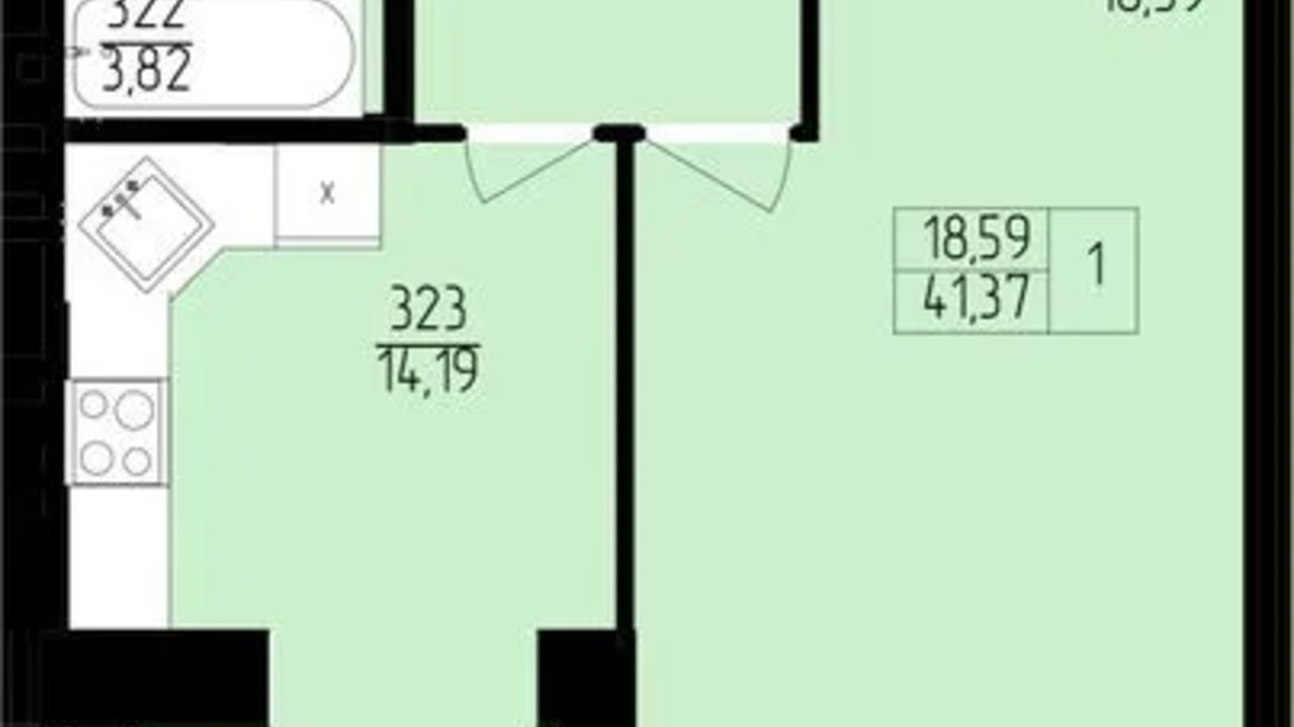 Планування 1-кімнатної квартири в ЖК Янтарний 42.03 м², фото 760269