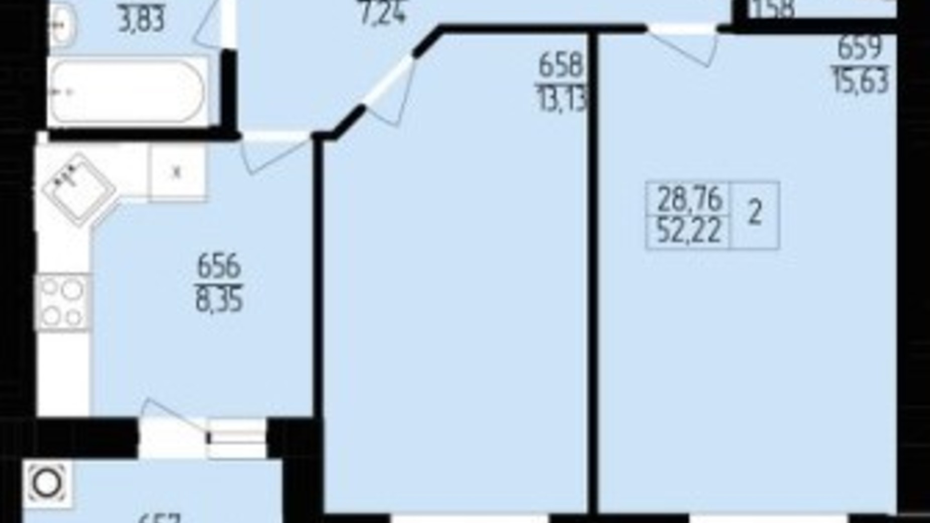 Планування 2-кімнатної квартири в ЖК Янтарний 52.22 м², фото 760272