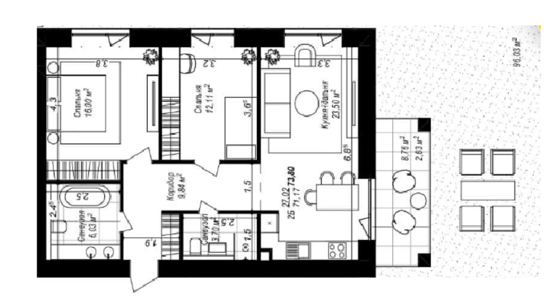 Планировка 2-комнатной квартиры в ЖК Smart & Green 73.8 м², фото 761599