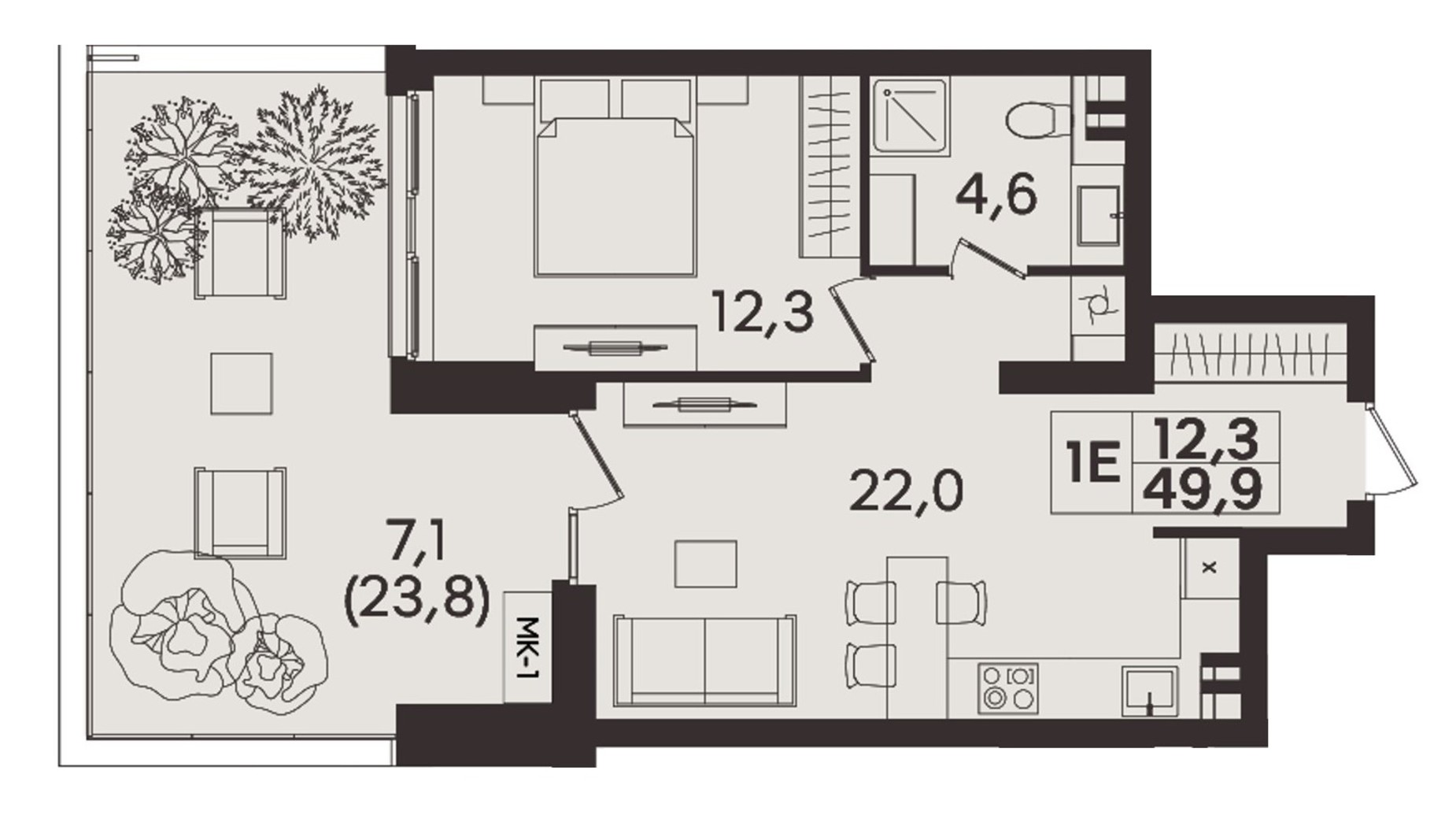 Планування 1-кімнатної квартири в ЖК TWINS 49.9 м², фото 762248