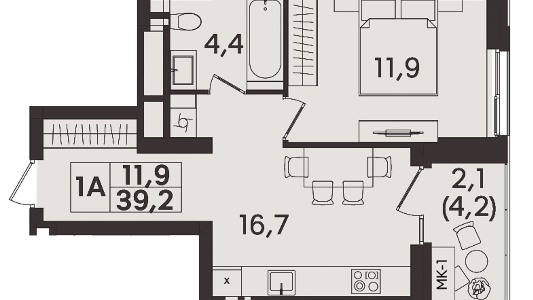 Планування 1-кімнатної квартири в ЖК TWINS 39.2 м², фото 762268