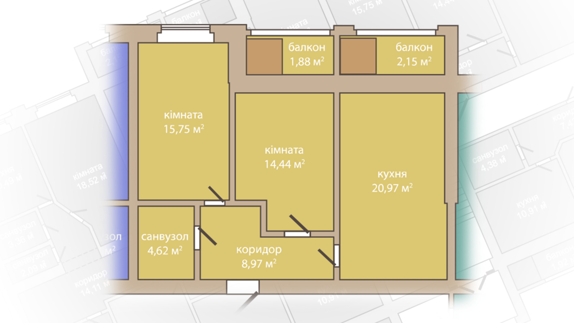 Планировка 2-комнатной квартиры в ЖК Днепровская Ривьера 72.8 м², фото 763271