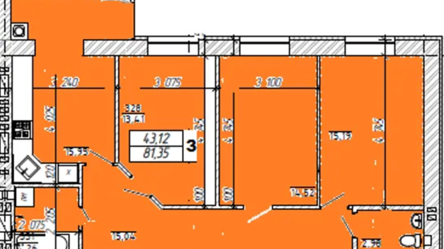 Планування 3-кімнатної квартири в ЖК вул. Степана Бандери, 32/1 81.35 м², фото 764137