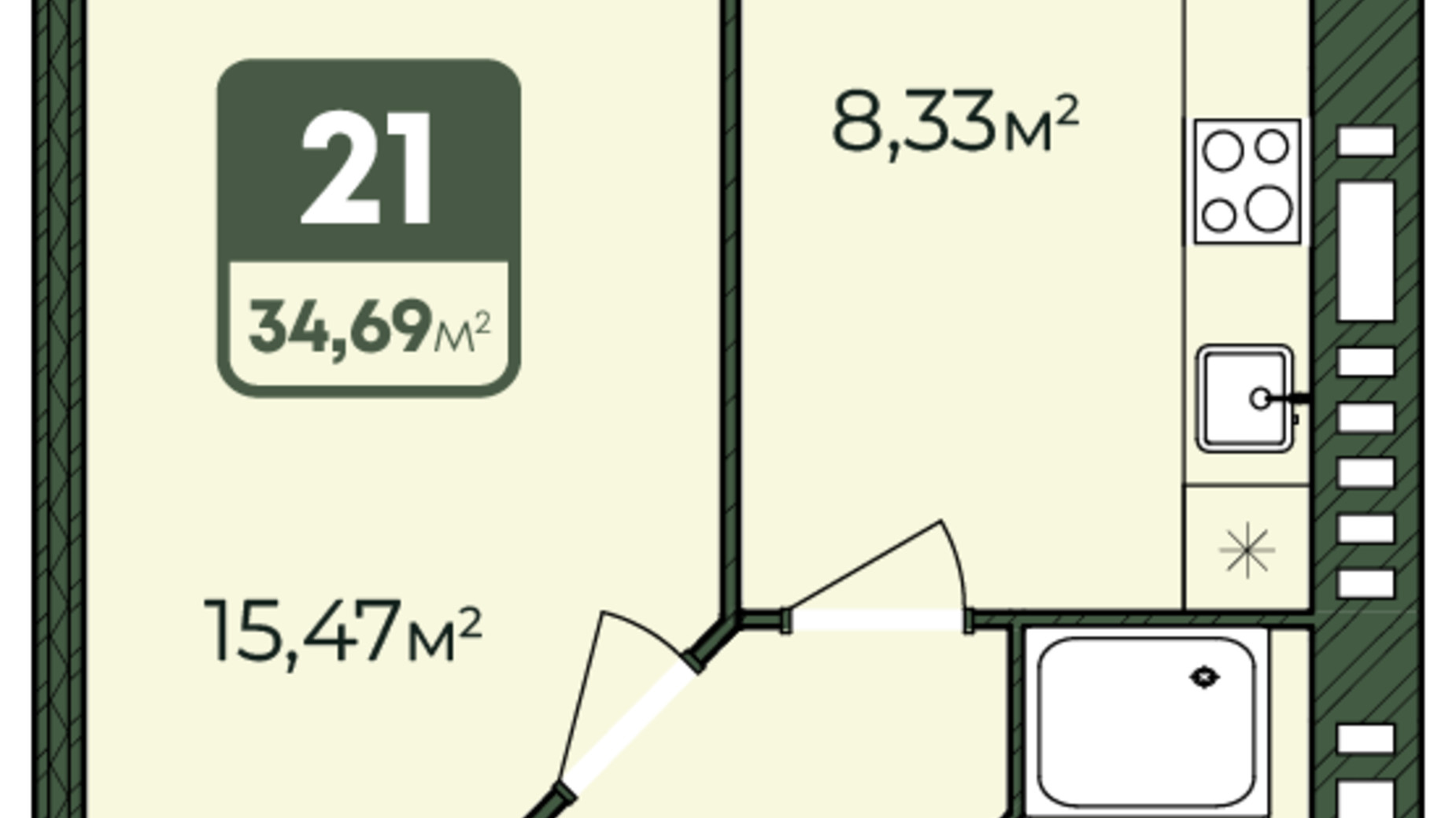 Планировка 1-комнатной квартиры в ЖК West Home 34.69 м², фото 764686