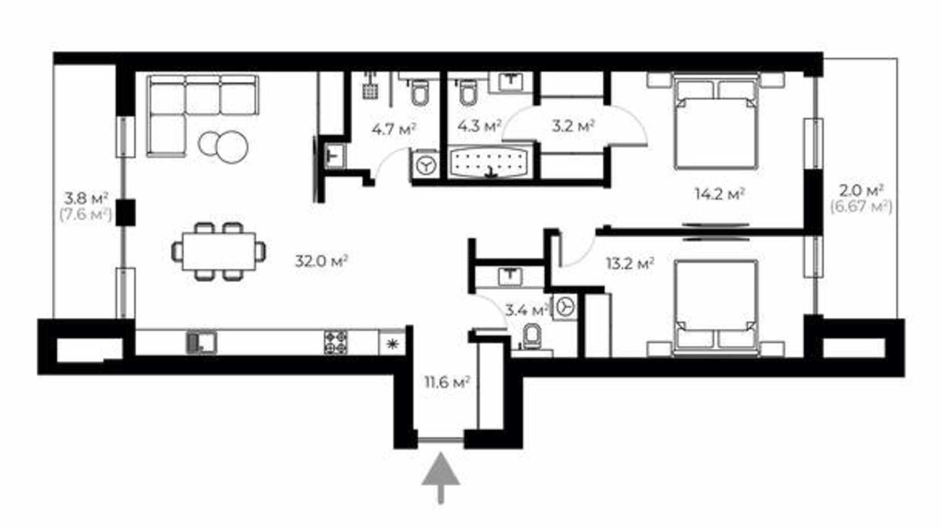 Планування 3-кімнатної квартири в ЖК Grand Hills 103.3 м², фото 765450