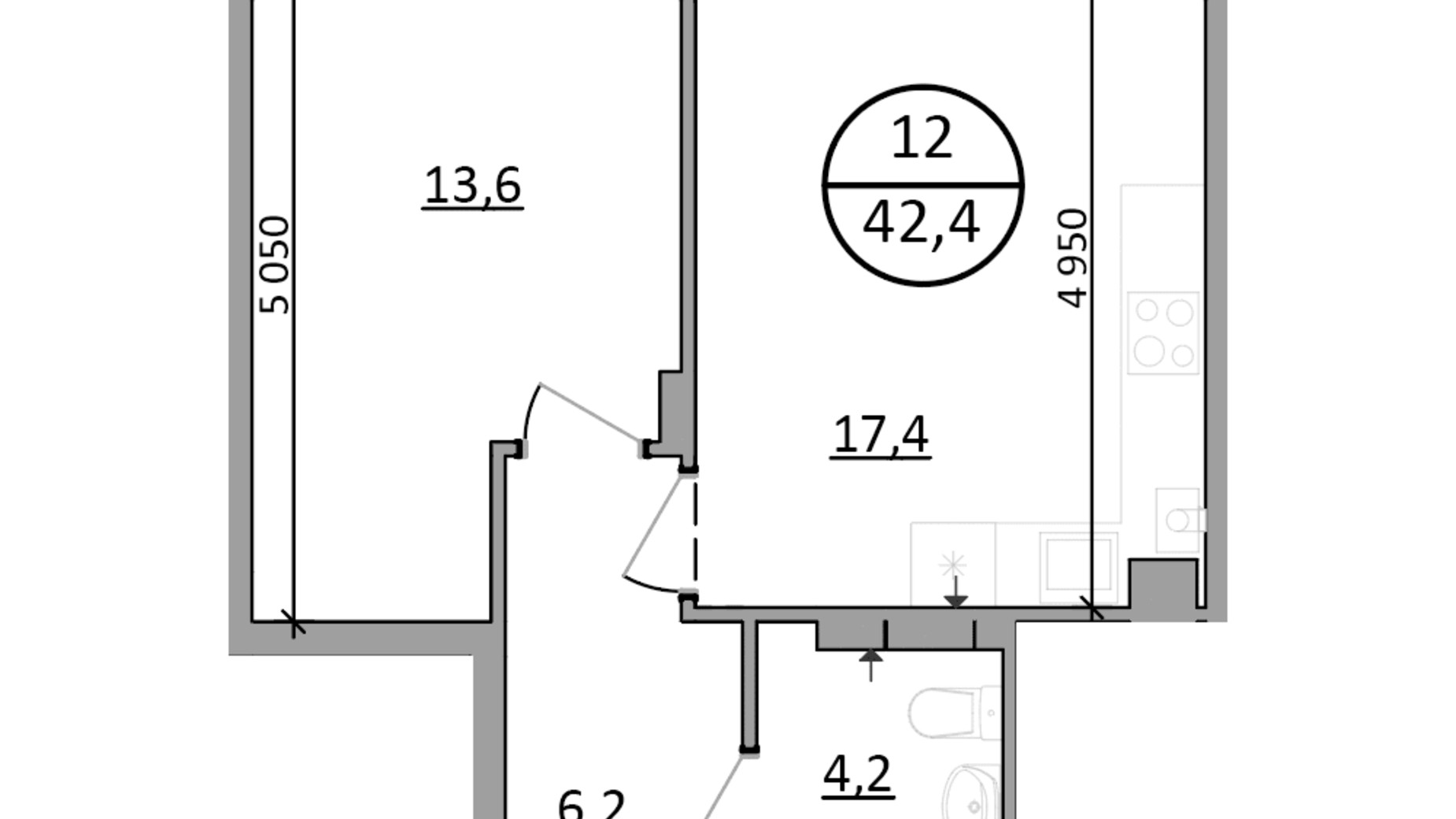 Планування 1-кімнатної квартири в ЖК Грінвуд-2 42.4 м², фото 765774