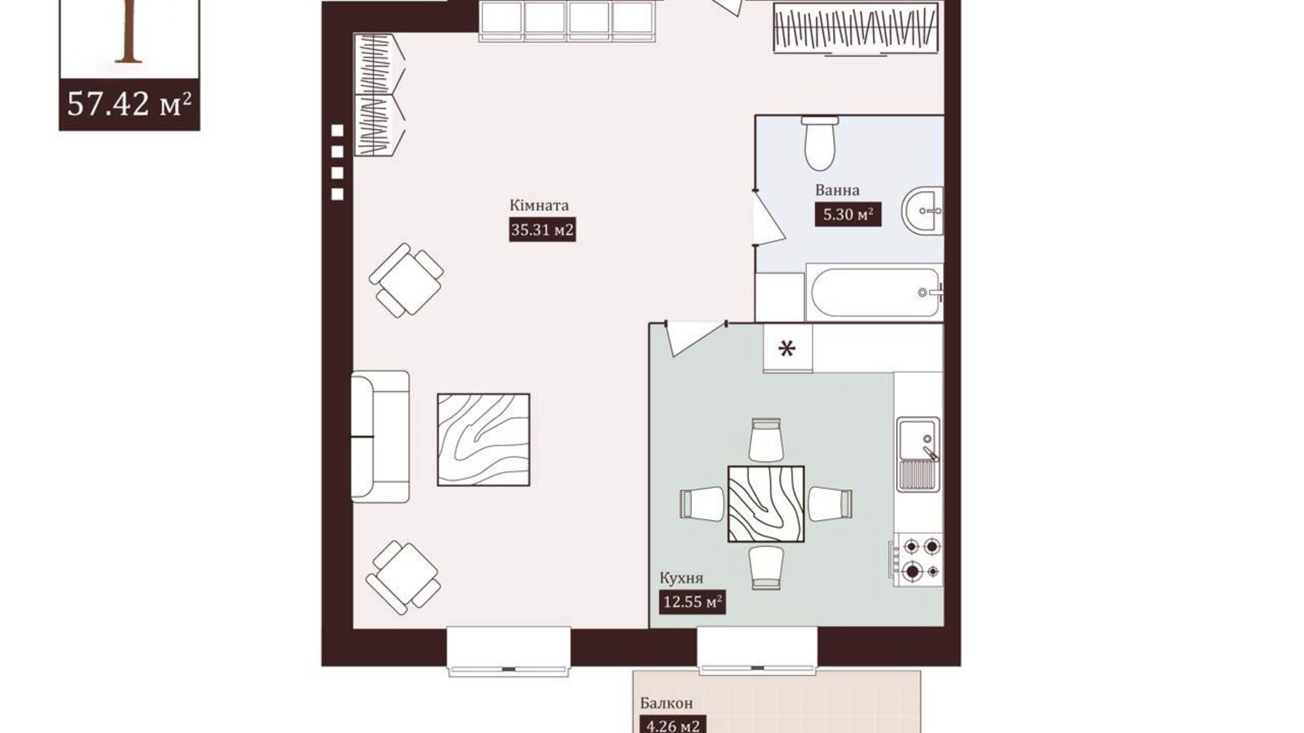 Планування 1-кімнатної квартири в ЖК City Bud 57.42 м², фото 768271