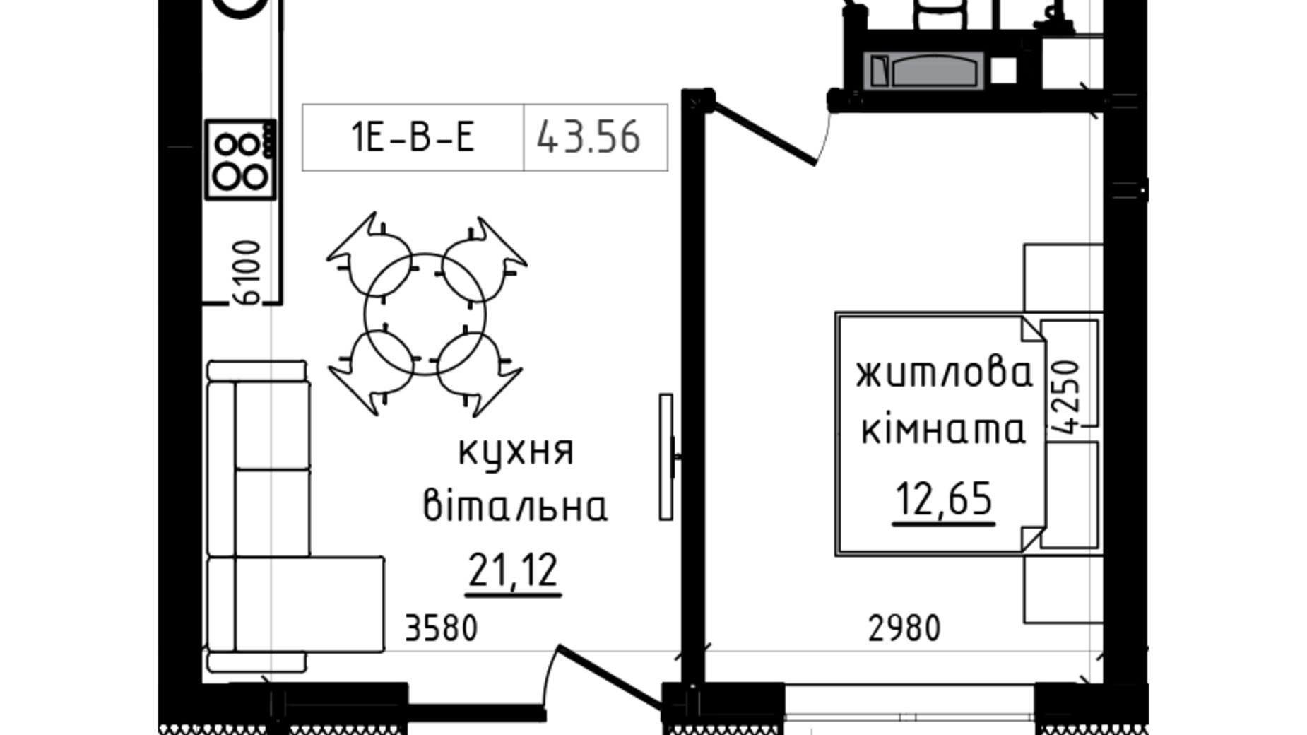 Планировка 1-комнатной квартиры в ЖК Lizrome 47.91 м², фото 770019