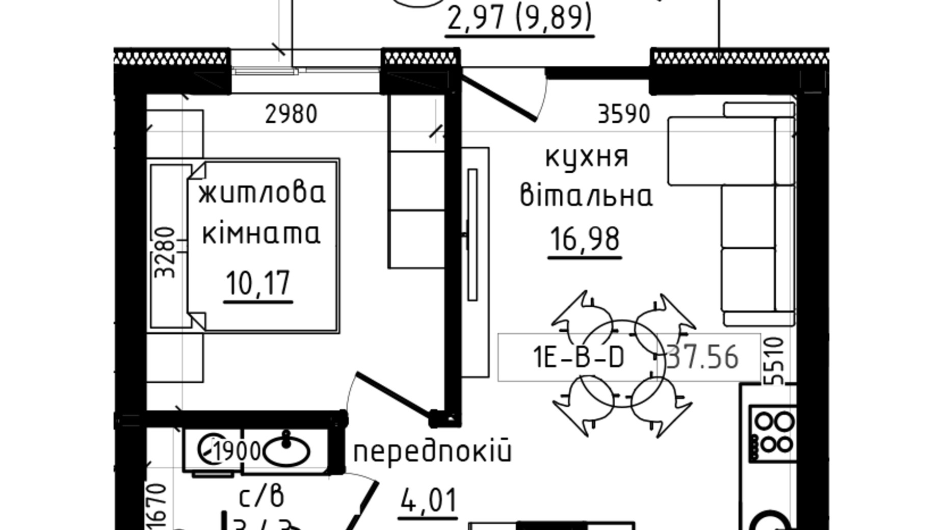 Планировка 1-комнатной квартиры в ЖК Lizrome 44.48 м², фото 770031