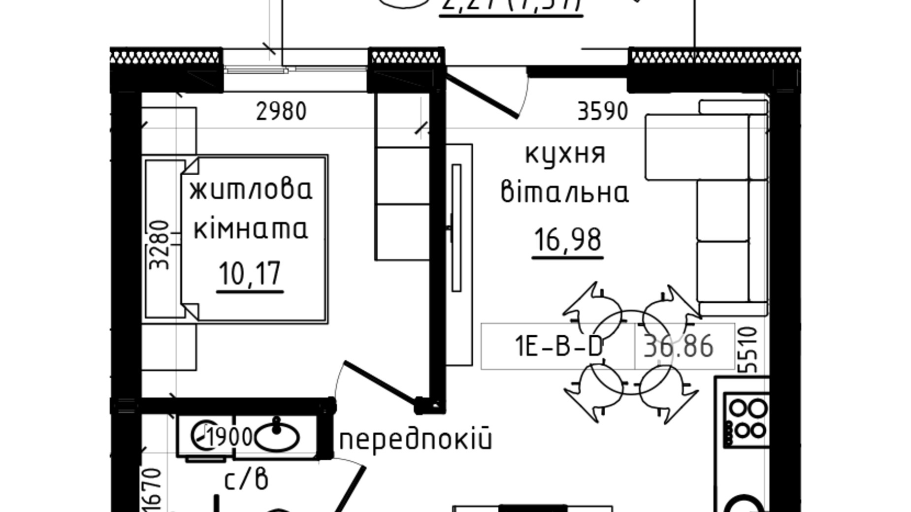 Планировка 1-комнатной квартиры в ЖК Lizrome 42.16 м², фото 770054