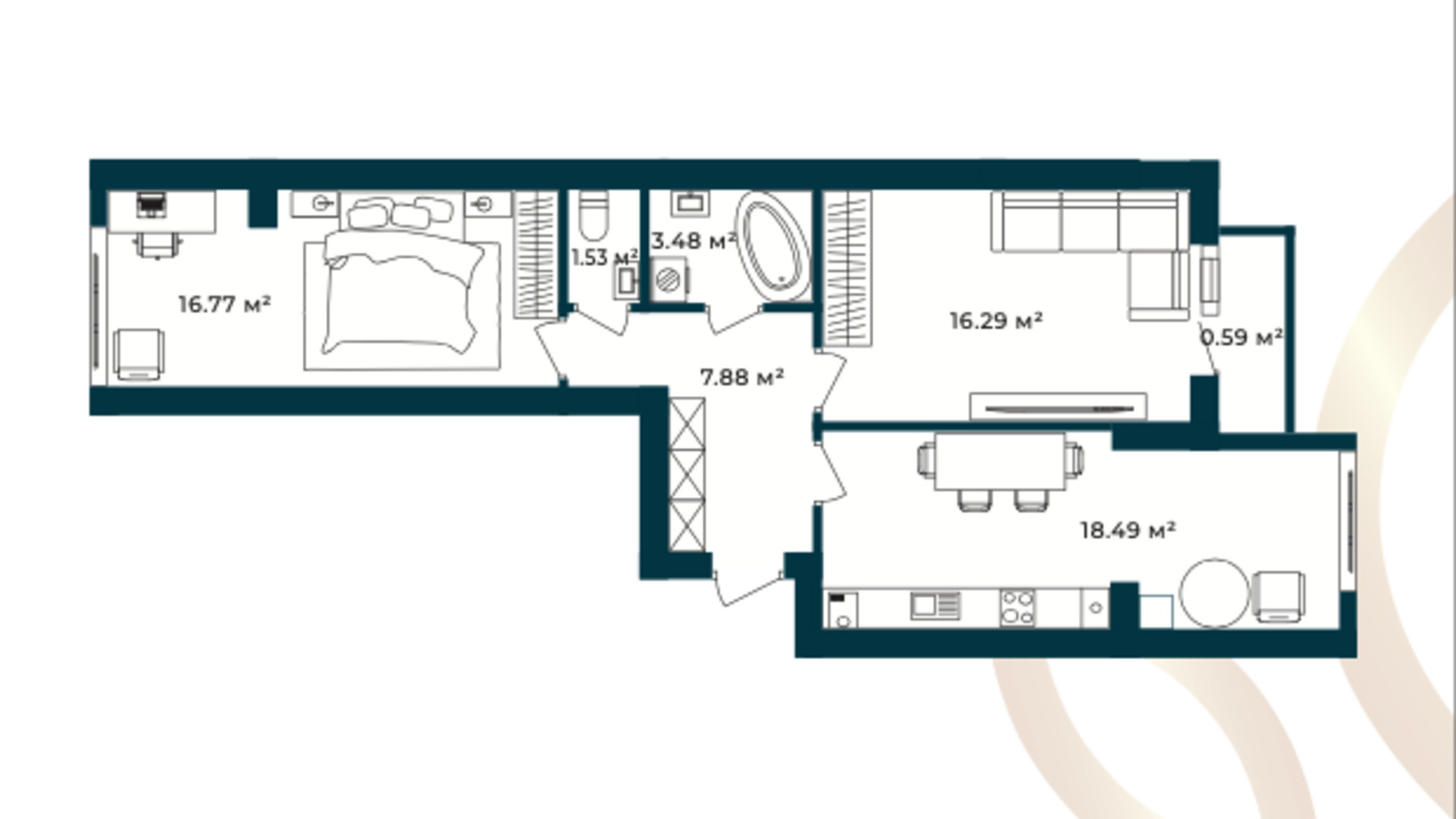 Планування 2-кімнатної квартири в ЖК Європейські Липки 65.03 м², фото 770189