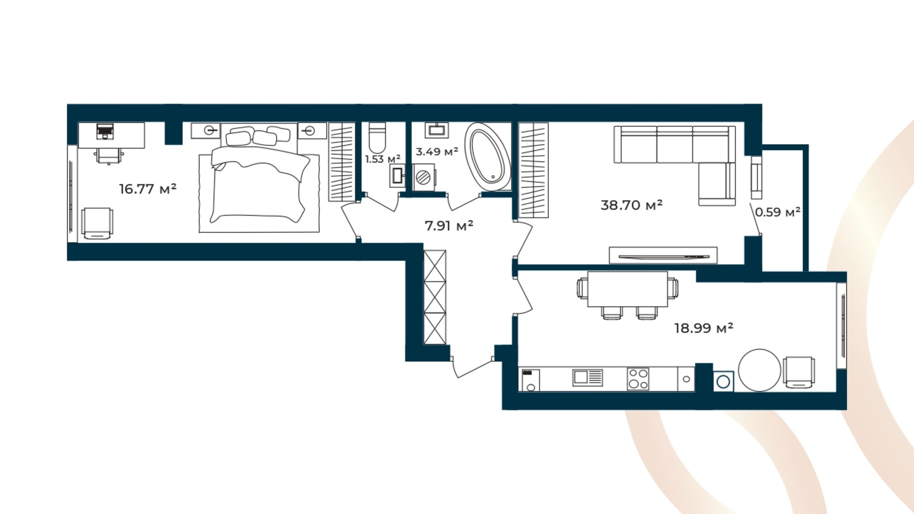 Планування 2-кімнатної квартири в ЖК Європейські Липки 65.54 м², фото 770243