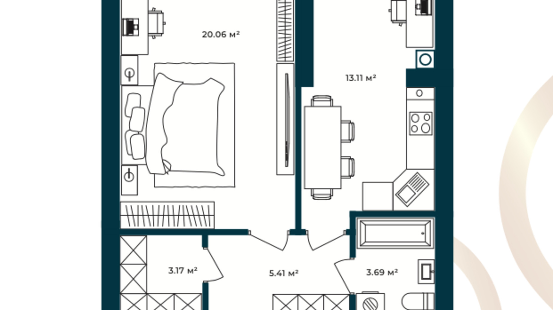 Планировка 1-комнатной квартиры в ЖК Европейские Липки 45.44 м², фото 770277