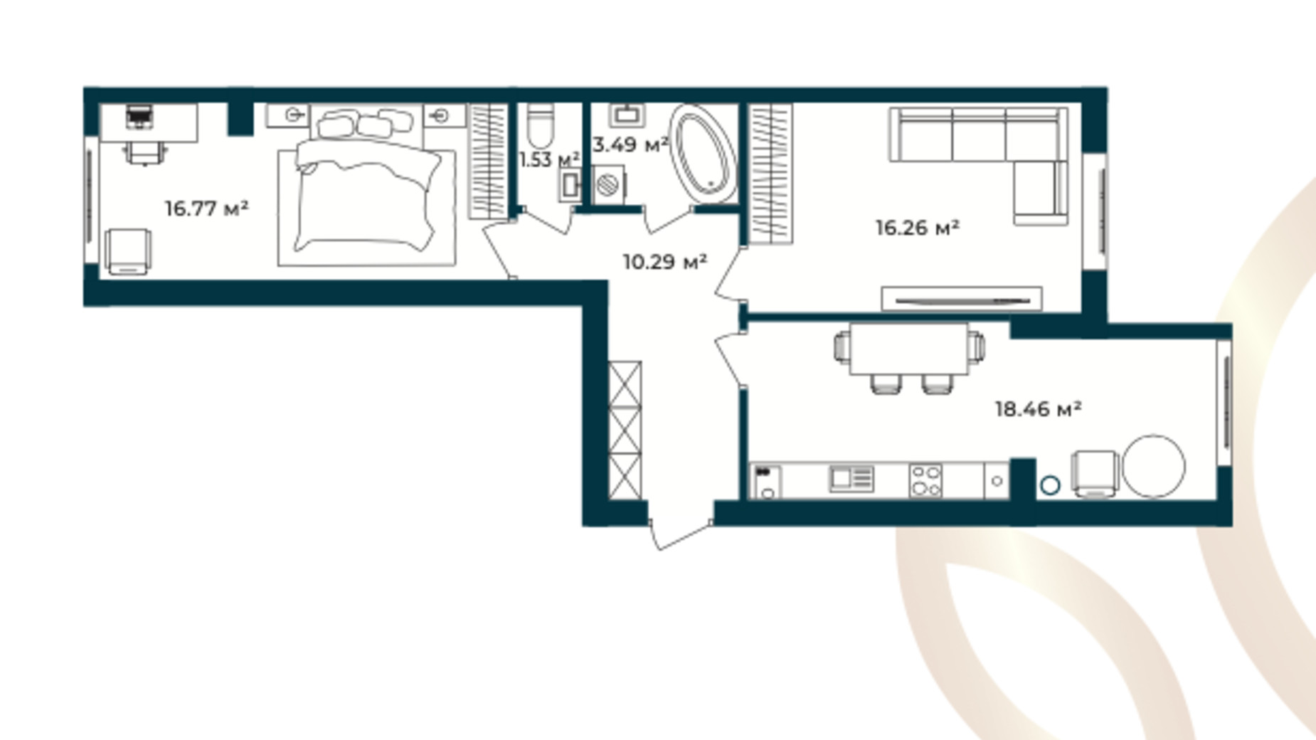 Планування 2-кімнатної квартири в ЖК Європейські Липки 64.41 м², фото 770435