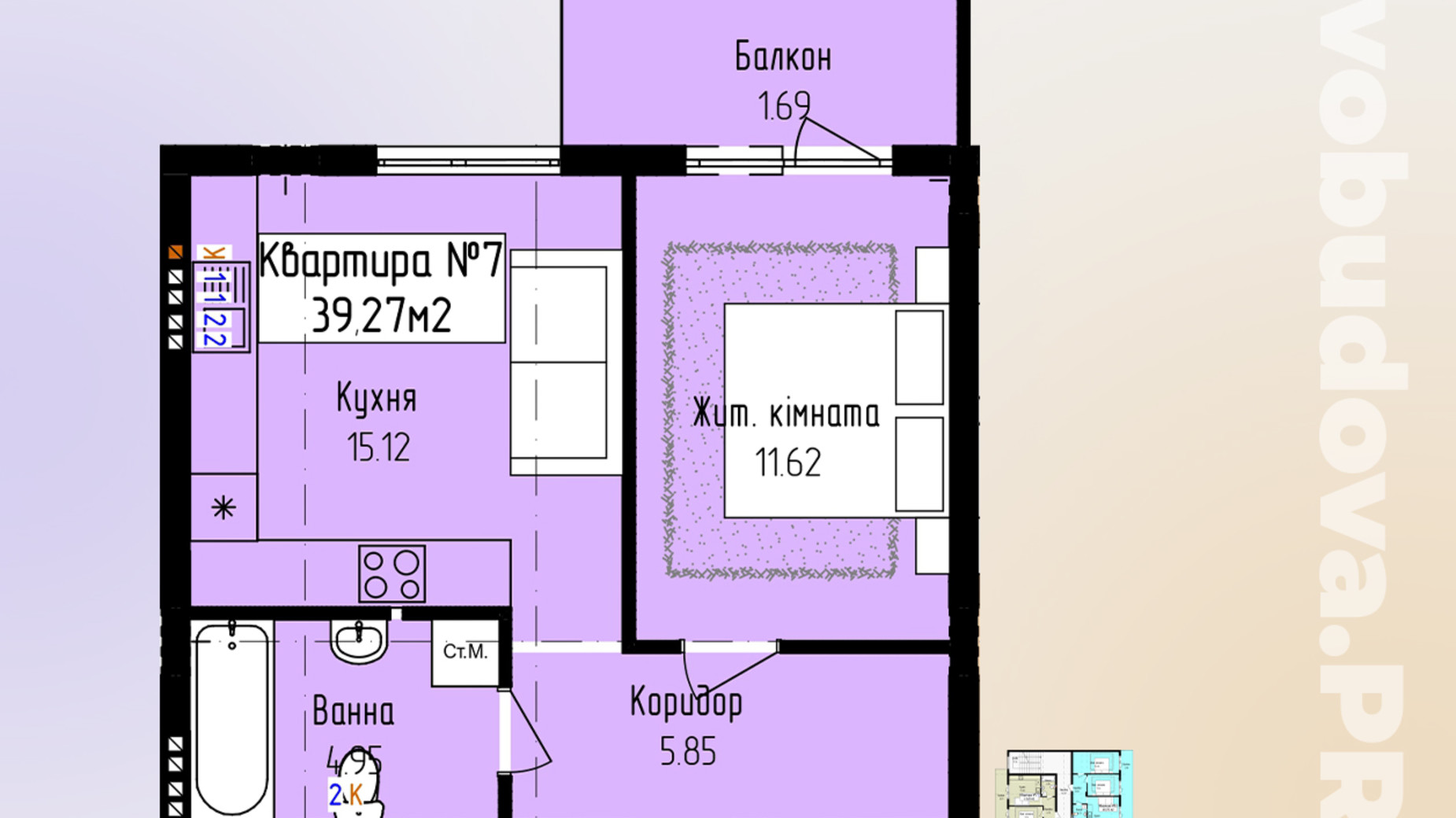 Планировка 1-комнатной квартиры в ЖК Зелёный 39.27 м², фото 771087