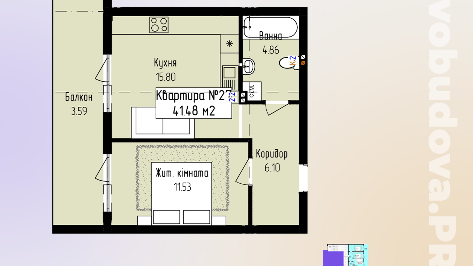 Планировка 1-комнатной квартиры в ЖК Зелёный 41.48 м², фото 771181