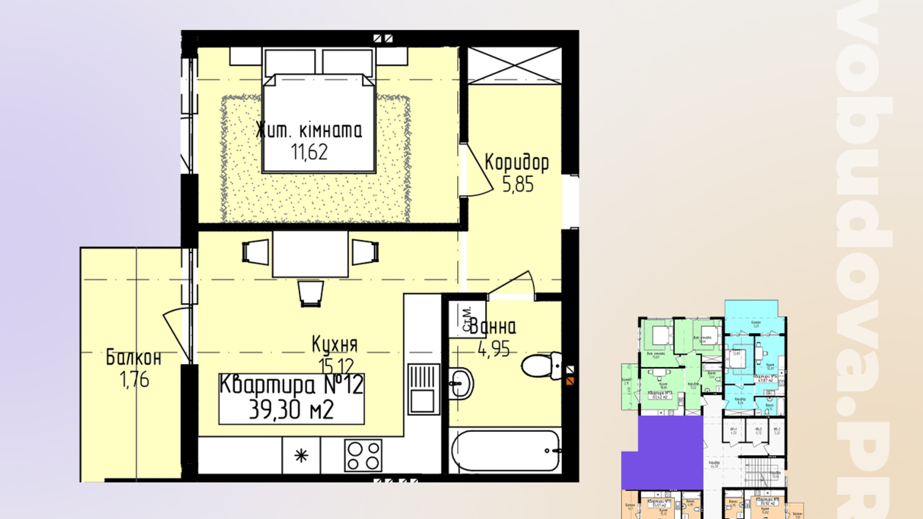 Планування 1-кімнатної квартири в ЖК Минай 39.3 м², фото 771393