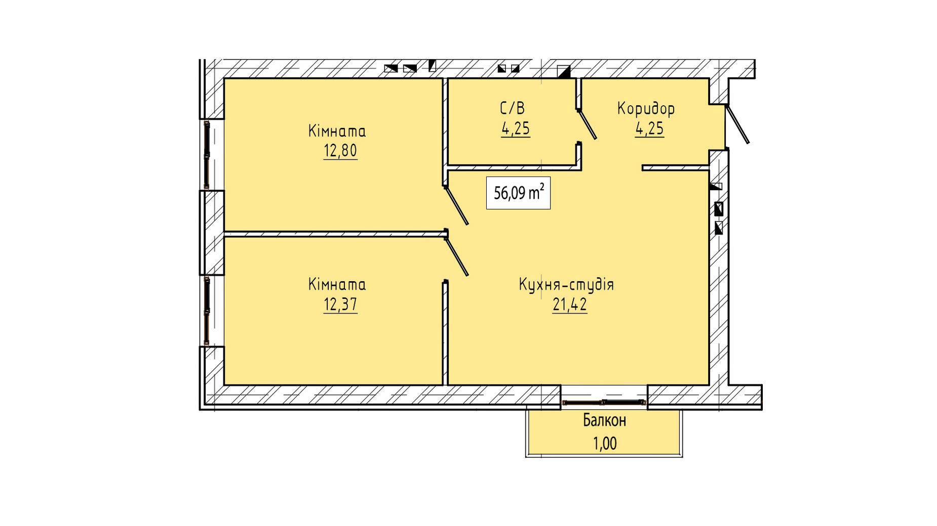 Планування 2-кімнатної квартири в ЖК Petrykiv Hills 56.09 м², фото 773020