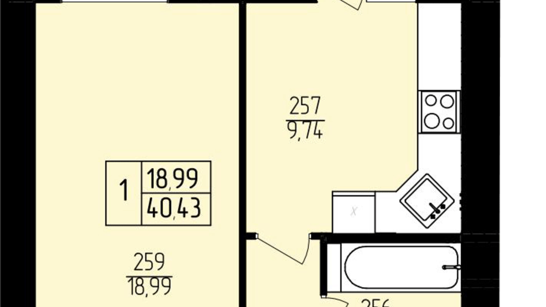 Планировка 1-комнатной квартиры в ЖК Амстердам 40.43 м², фото 773129