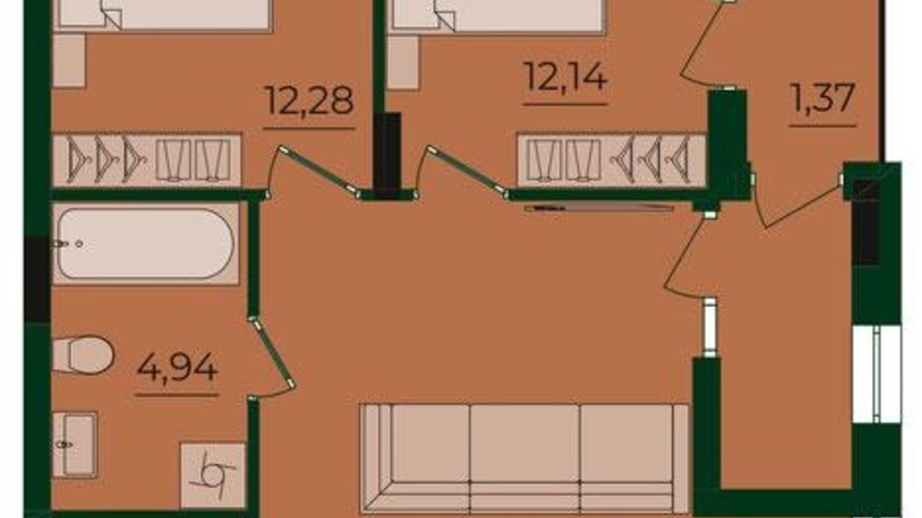 Планування 2-кімнатної квартири в ЖК Svoї ParkHouse 63.73 м², фото 773459