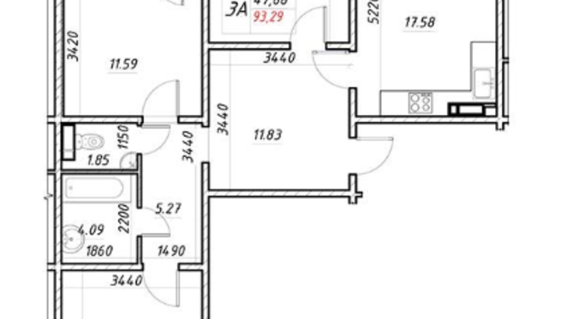 Планування 3-кімнатної квартири в ЖК Деснянський 93.29 м², фото 773748