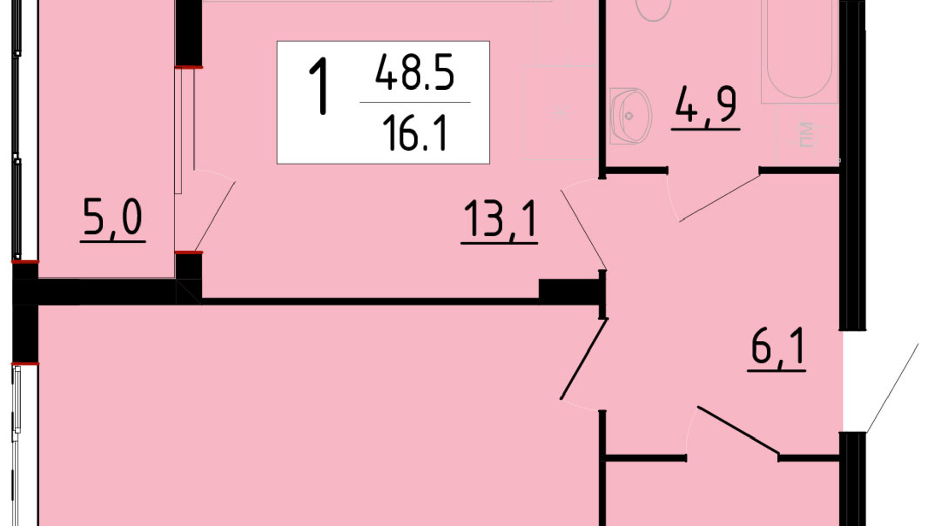 Планування 1-кімнатної квартири в ЖК Масив Преміум 48.5 м², фото 774655