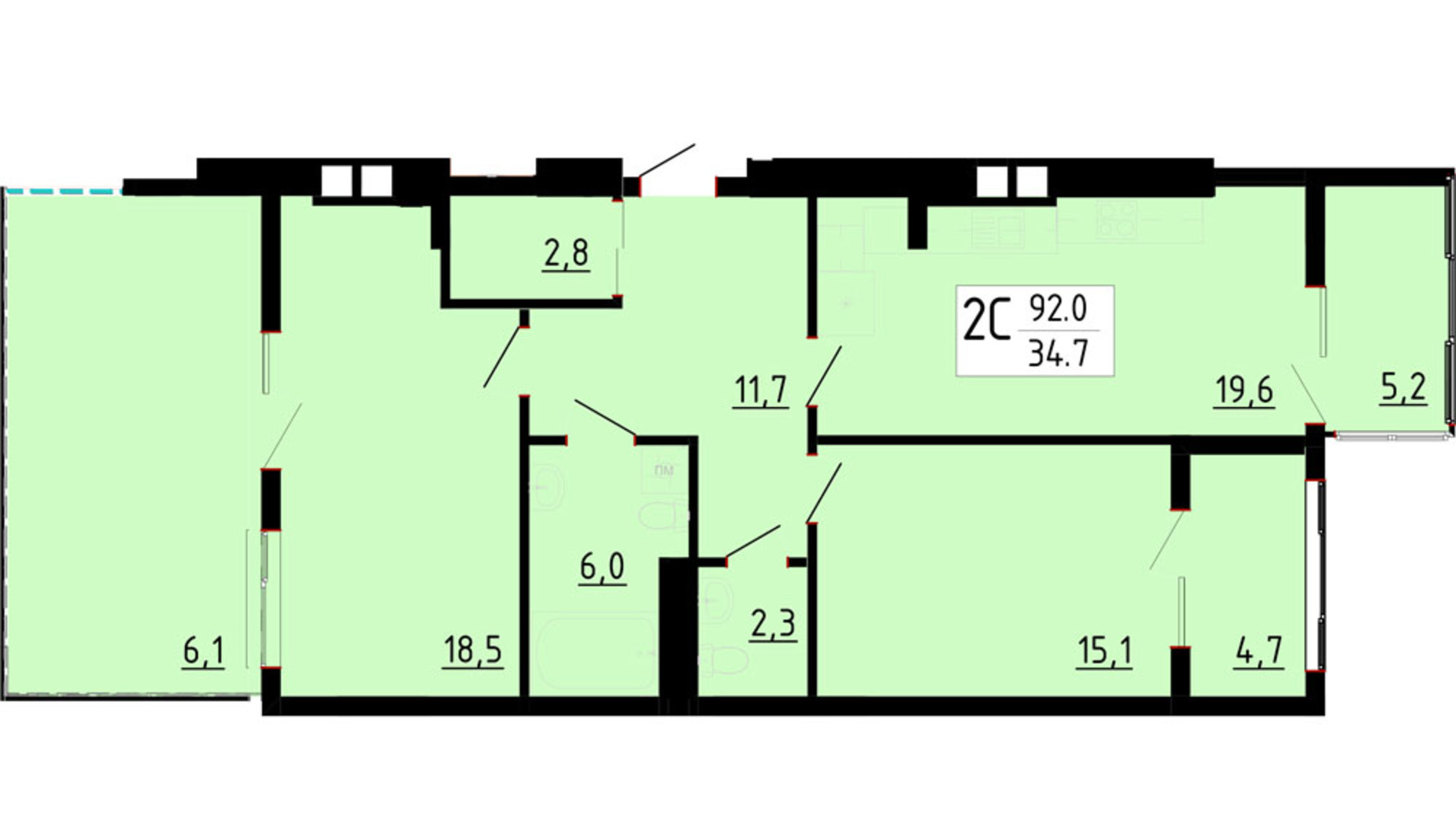 Планировка 2-комнатной квартиры в ЖК Массив Премиум 92 м², фото 774657