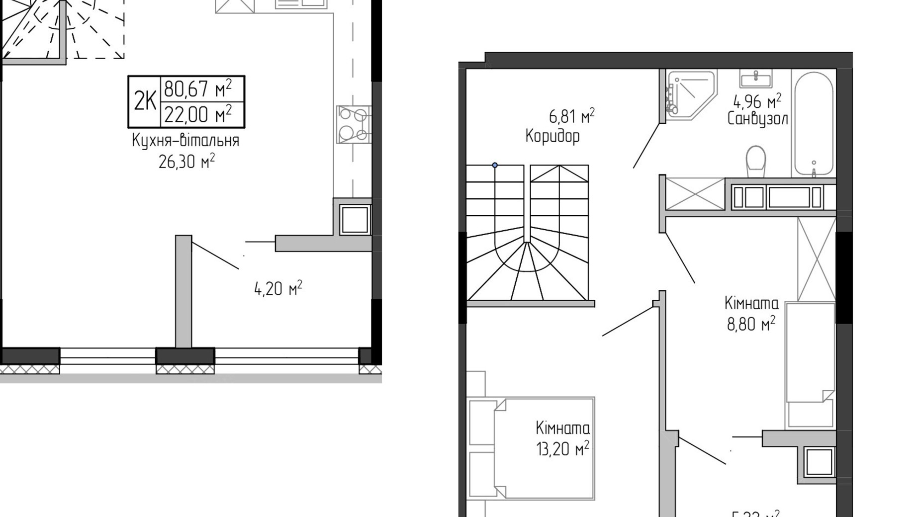 Планування багато­рівневої квартири в ЖК Спортивний 80.67 м², фото 777297