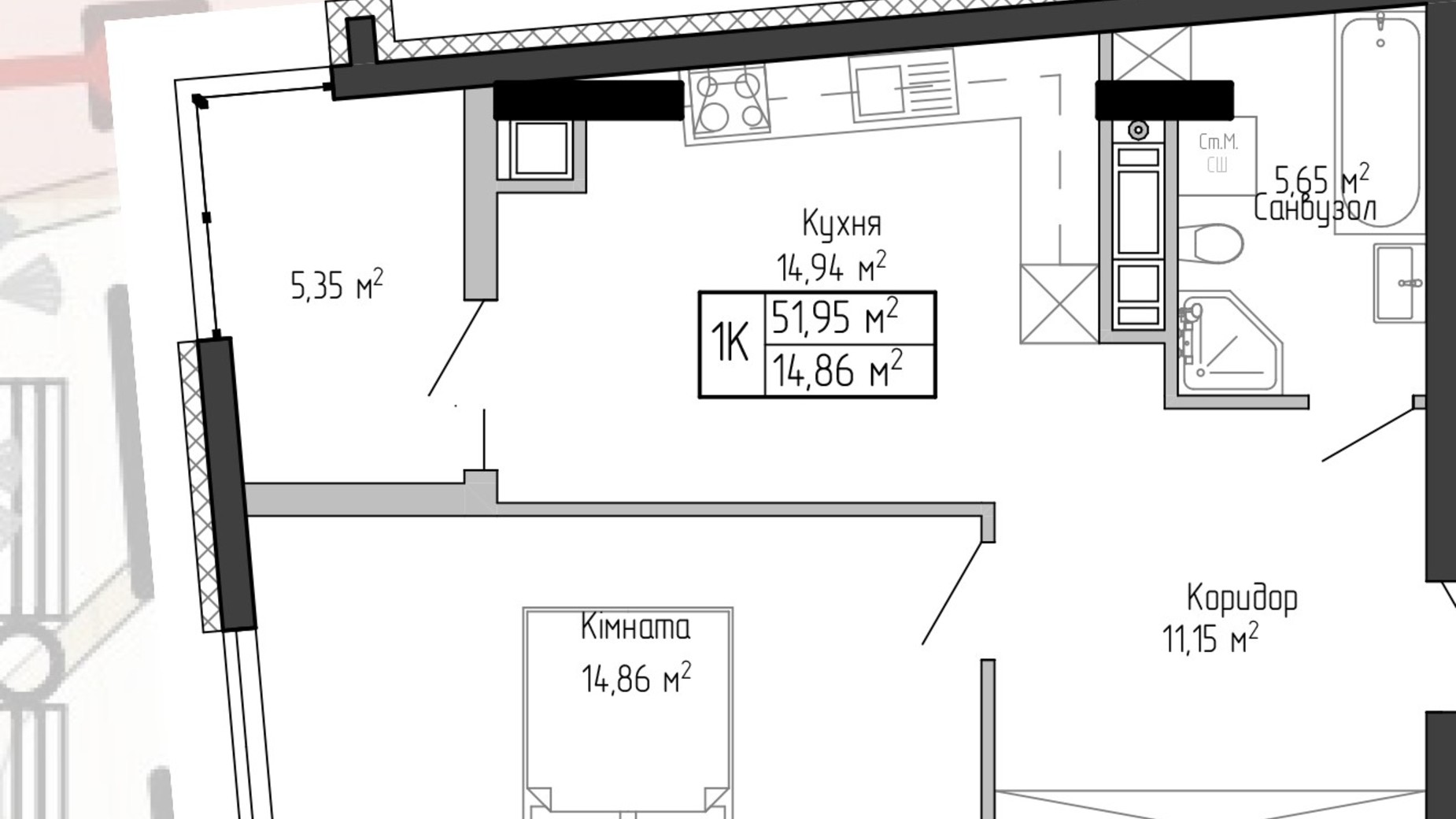 Планировка 1-комнатной квартиры в ЖК Спортивный 51.95 м², фото 777360