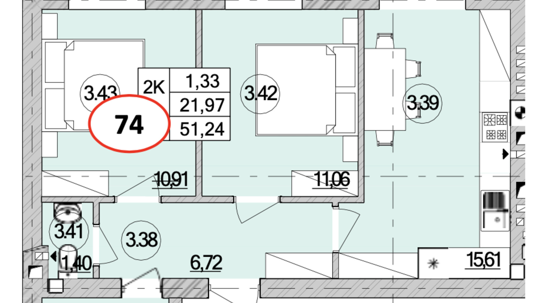 Планировка 2-комнатной квартиры в ЖК Burgundia 3 51.24 м², фото 777695