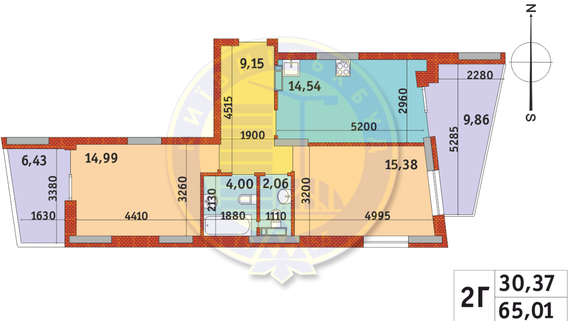 Планировка 2-комнатной квартиры в ЖК Итальянский квартал-2 65.01 м², фото 779672